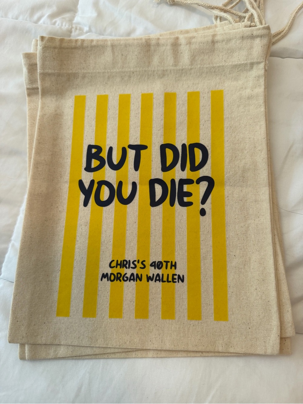 Canvas Drawstring Tote Bag in Natural with Yellow and Black Print